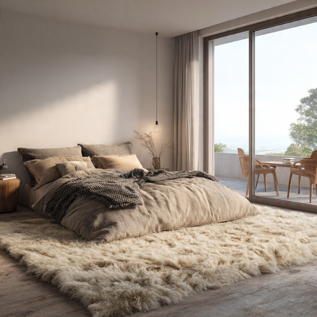 Modern romantic bedroom with a soft natural rug adding warmth and comfort.