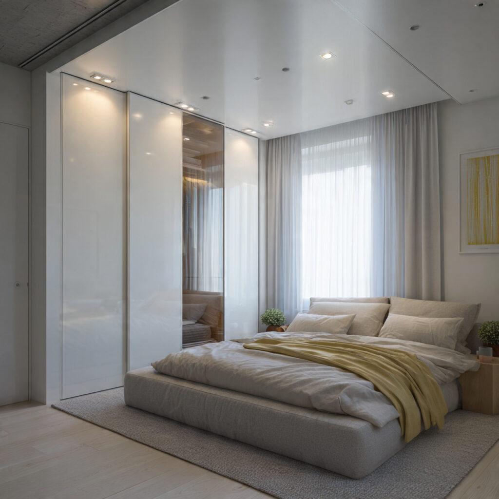 modern layout ideas for small bedrooms with wardrobe running along one wall