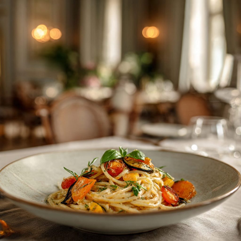 Vegan pasta with roasted vegetables served on an elegant dining table