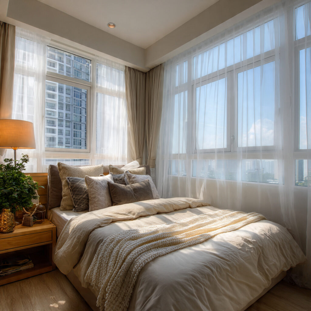 Small bedroom ideas with large windows and natural light to make the space feel bigger