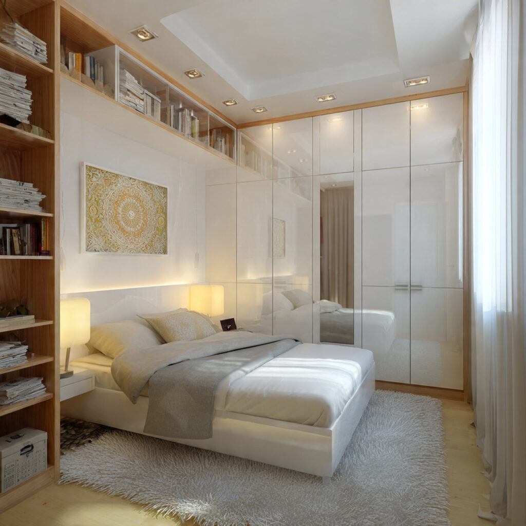 modern layout ideas for small bedrooms with L-shaped wardrobe layout