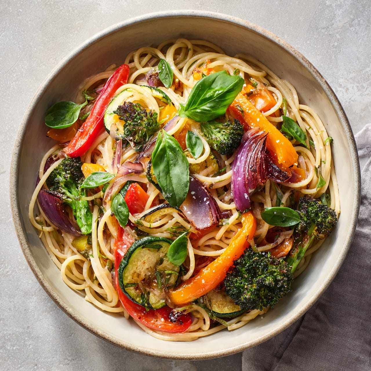 Vegan pasta with roasted vegetables in a light creamy sauce