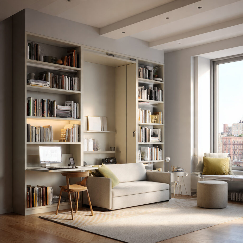 7 "Invisible" Pieces of Multi functional Furniture to Double the Utility of Your Small Living Room Kệ sách tích hợp bàn gấp: Biến góc tường thành văn phòng "vô hình"