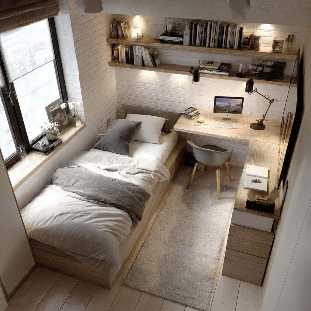 modern layout ideas for small bedrooms with integrated bed and workspace