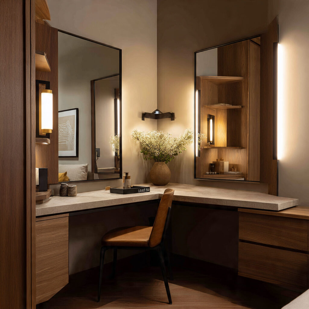 Corner vanity with triangular tabletop and dual mirrors fitted into a small bedroom corner for efficient space use