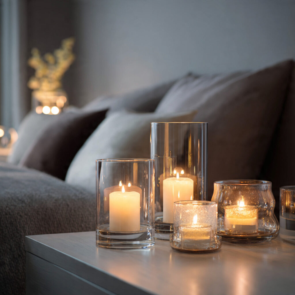 Layered candle lighting creating a warm and intimate mood in a modern romantic bedroom.