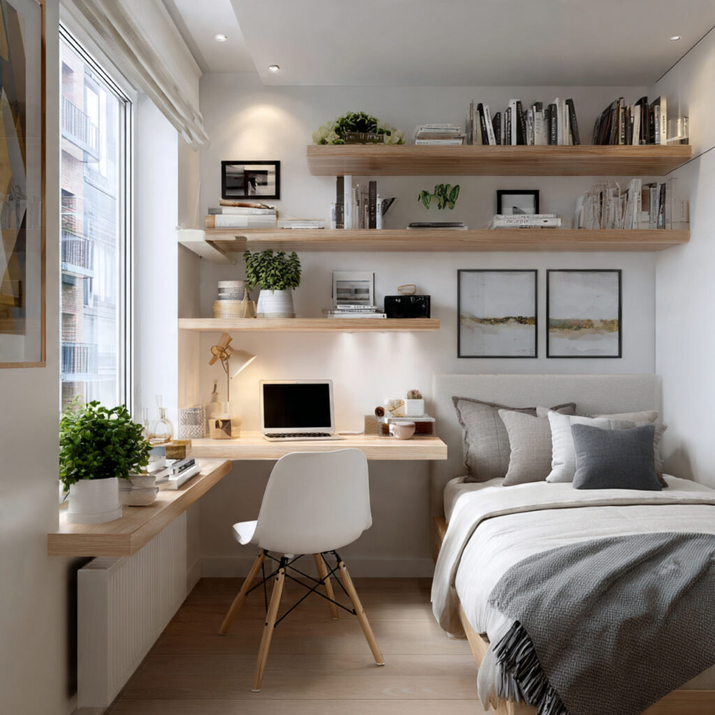 Small bedroom ideas with wall-mounted workspace for compact apartment living