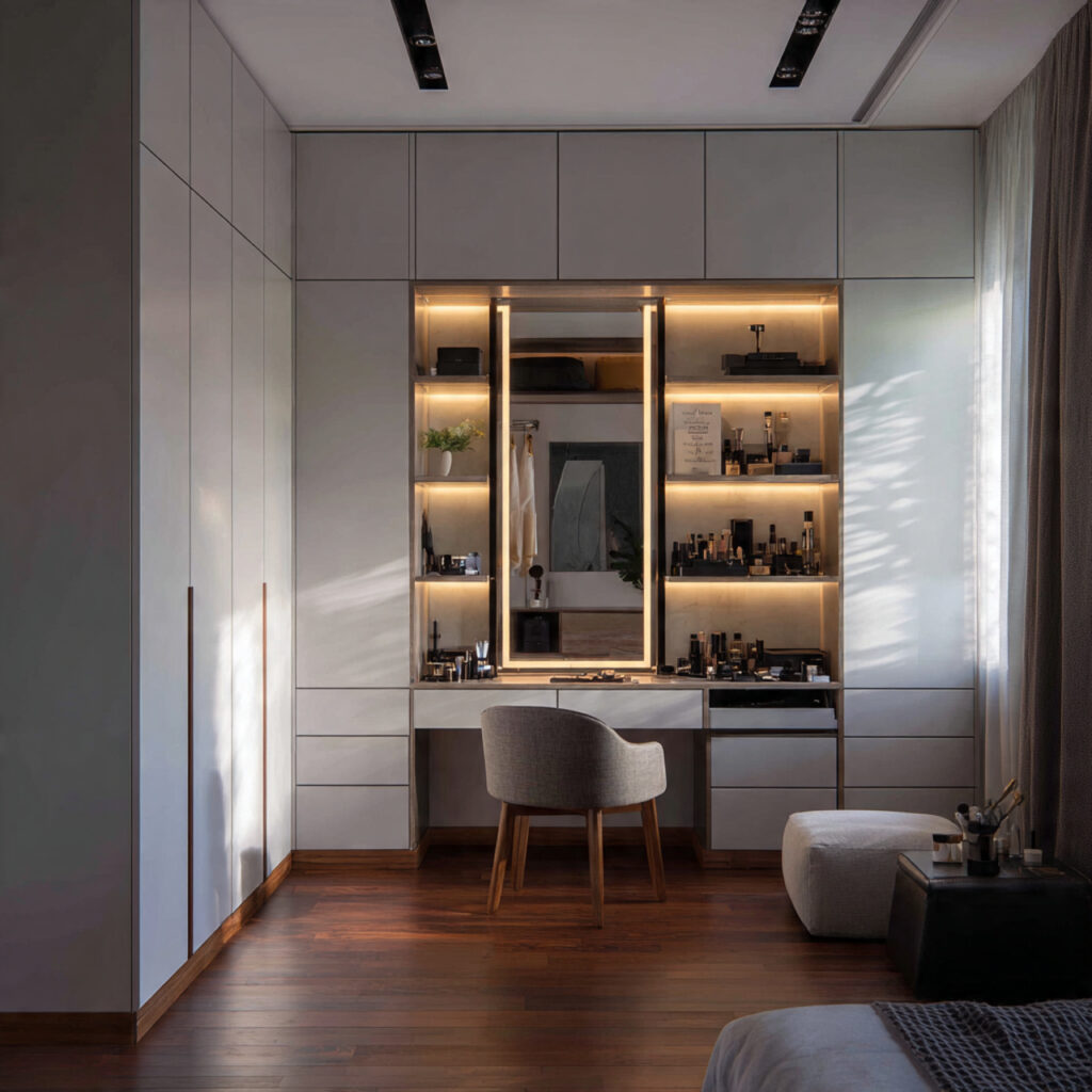 Hidden vanity inside a floor-to-ceiling wardrobe, revealing a fully lit makeup station when doors are opened
