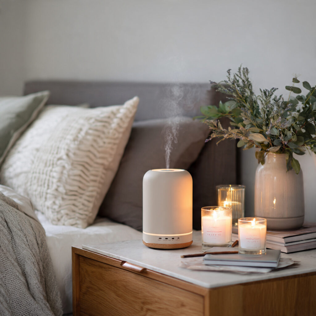 Modern romantic bedroom styled with candles and a diffuser for a signature scent experience.
