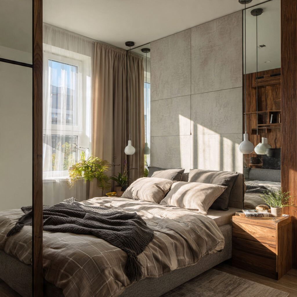 Small bedroom ideas using large mirrors to create depth and visual space