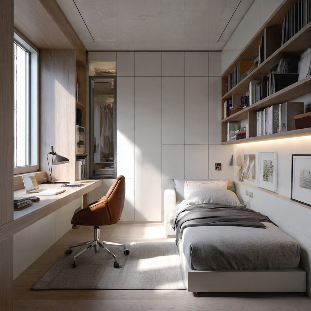 modern layout ideas for small bedrooms with longitudinal layout arrangement