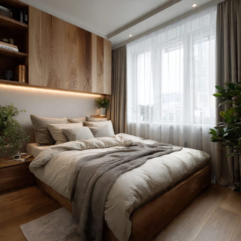 Smart small bedroom ideas that create a cozy and spacious bedroom using light colors, natural materials, and minimalist design