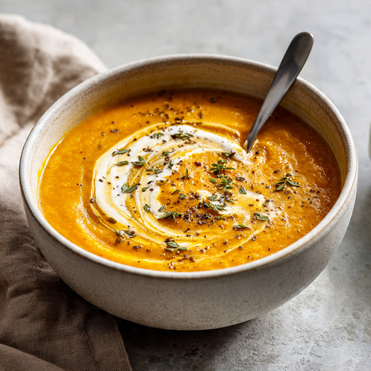 Creamy red lentil and carrot soup topped with yogurt swirl and herbs, simple and elegant presentation