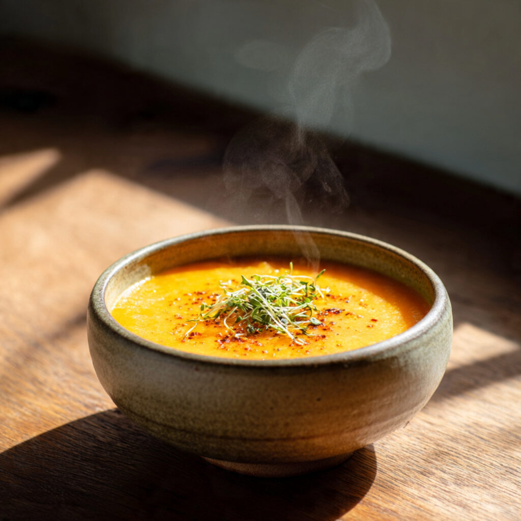 Red lentil and carrot soup served in a ceramic bowl with a smooth creamy texture and warm orange color in a cozy setting