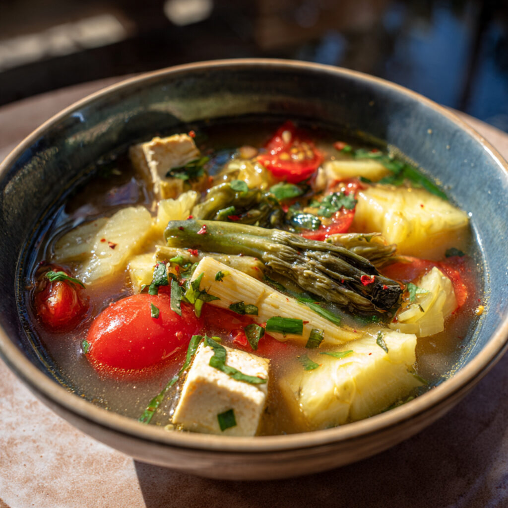 Vegan Vietnamese sour soup with tofu, pineapple, okra and tomatoes in clear broth