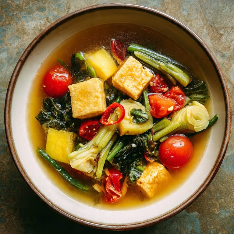 Vegan Vietnamese sour soup with tofu, pineapple, okra and tomatoes in clear broth