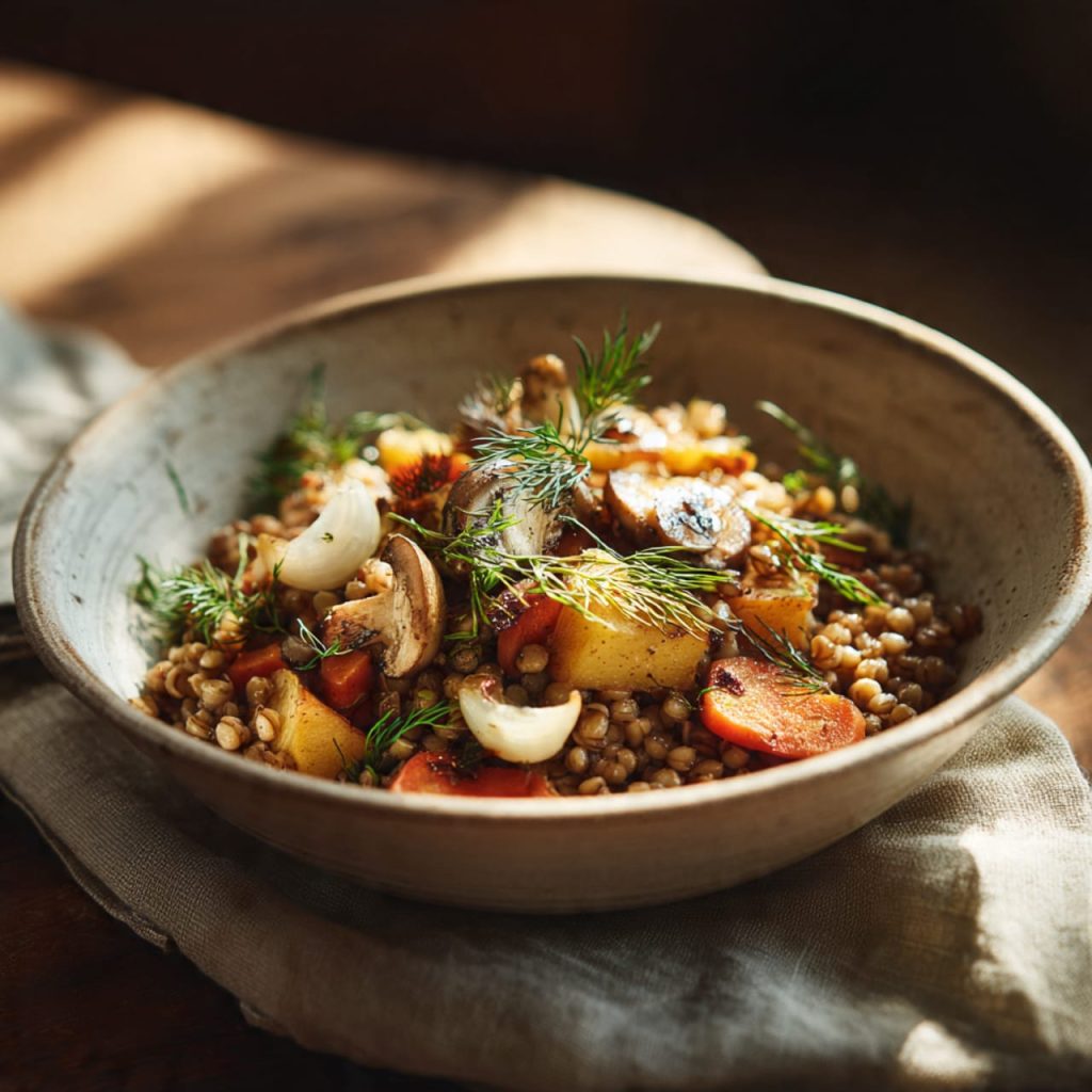 Eastern European buckwheat kasha cooked with root vegetables and fresh dill in a rustic ceramic bowl