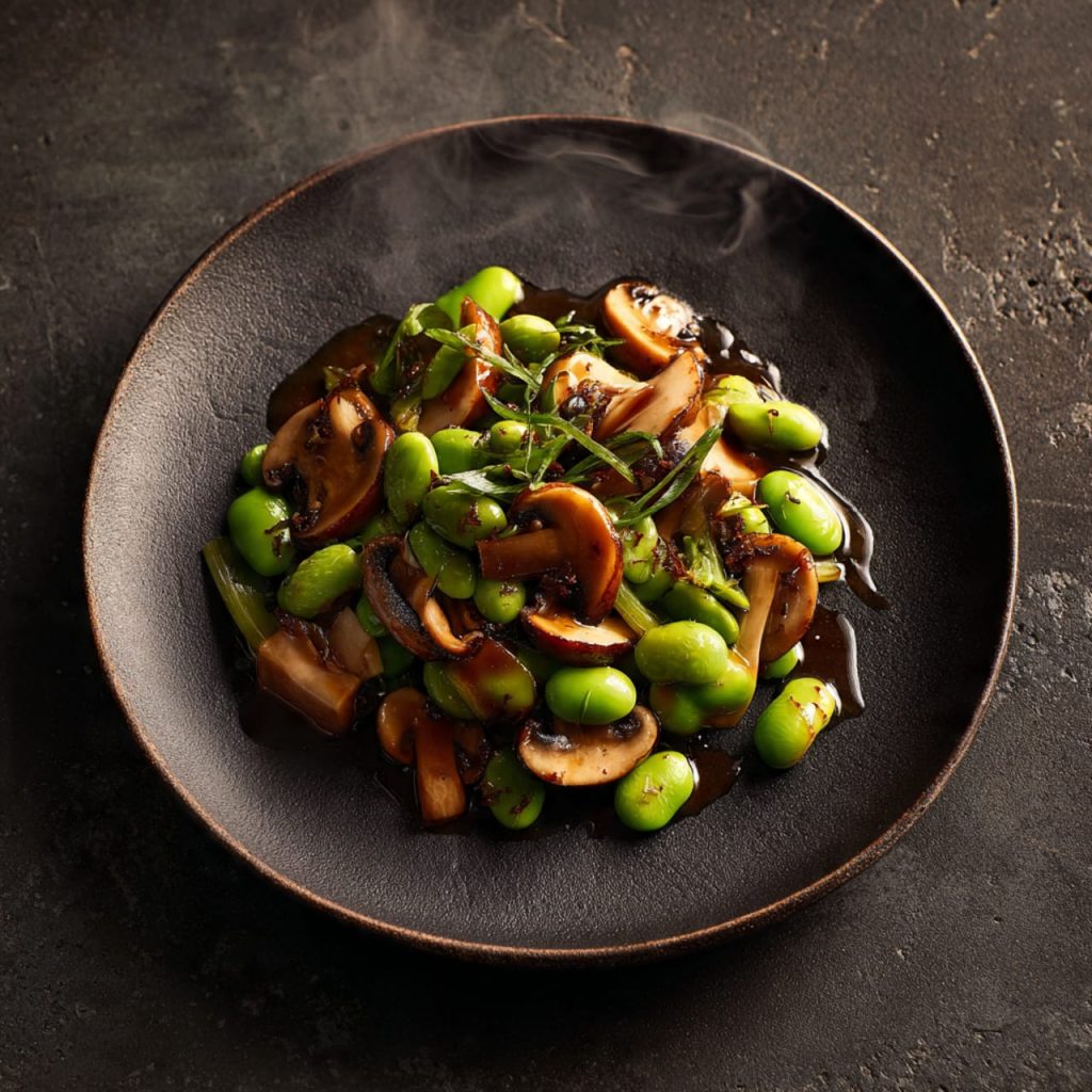 Japanese mushroom and edamame stir-fry with tamari and mirin, high-protein plant-based dish