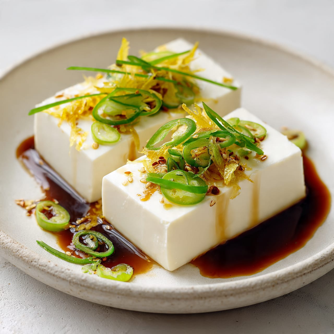 Steamed silken tofu with ginger and tamari sauce, clean protein vegan dish