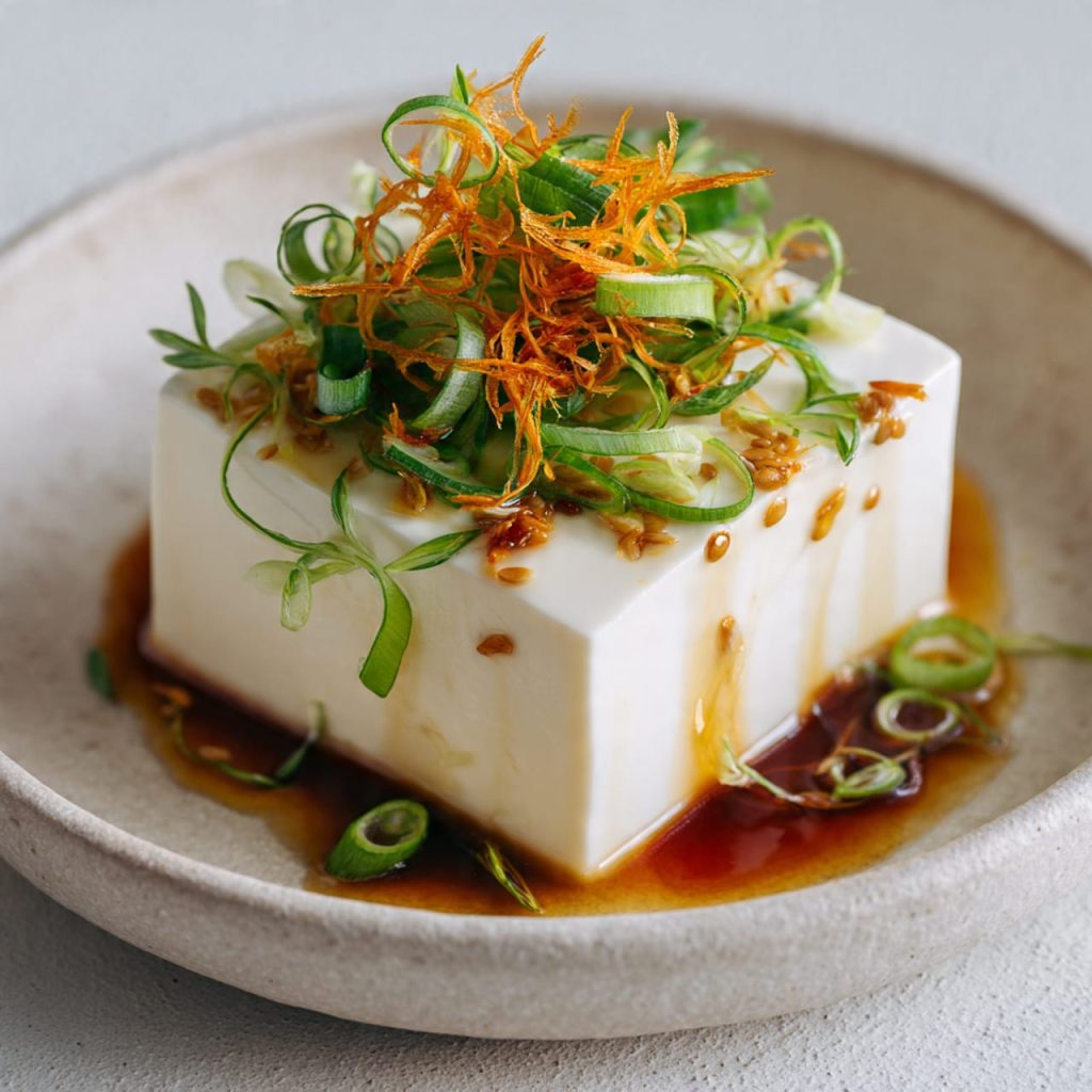Steamed silken tofu with ginger and tamari sauce, clean protein vegan dish