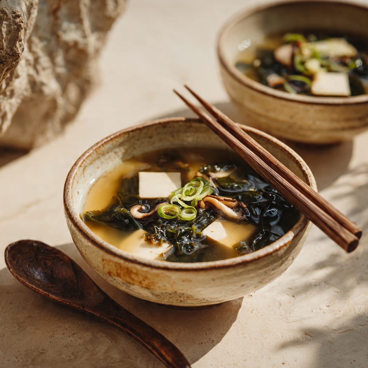 Vegan gluten-free miso soup served in a minimalist Japanese style for gut health and healing