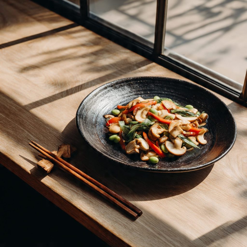 Mushroom and edamame stir-fry representing Japanese mindful eating and mental focus