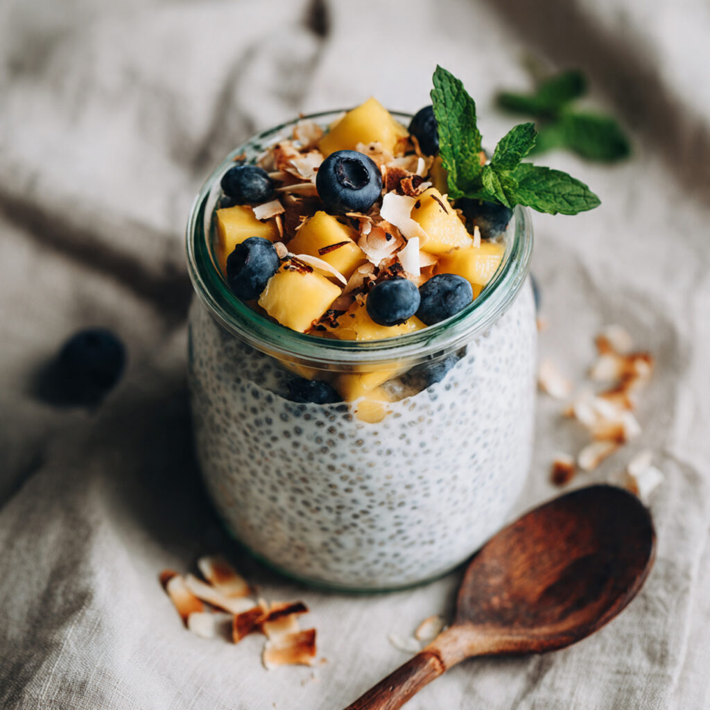 Coconut milk chia seed pudding topped with fresh fruit and coconut flakes, a healthy vegan breakfast for clean eating.
