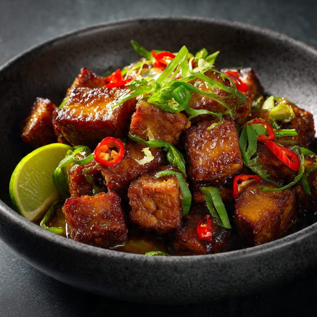 Ginger and lemongrass braised tempeh served in a dark ceramic bowl, high-protein vegan dish