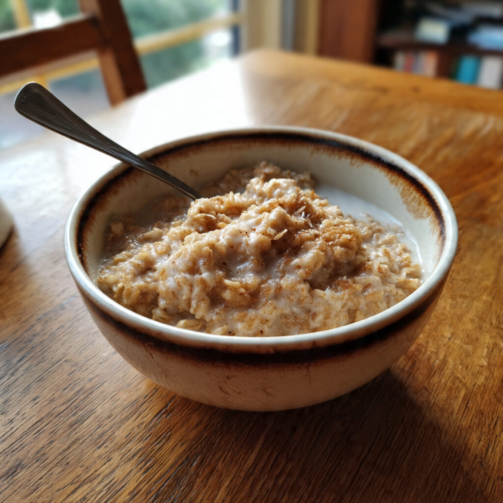 Homemade oatmeal cooked with almond milk.