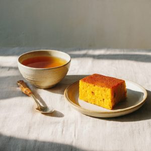 Steamed sweet potato cake served with ginger tea in a simple home setting.