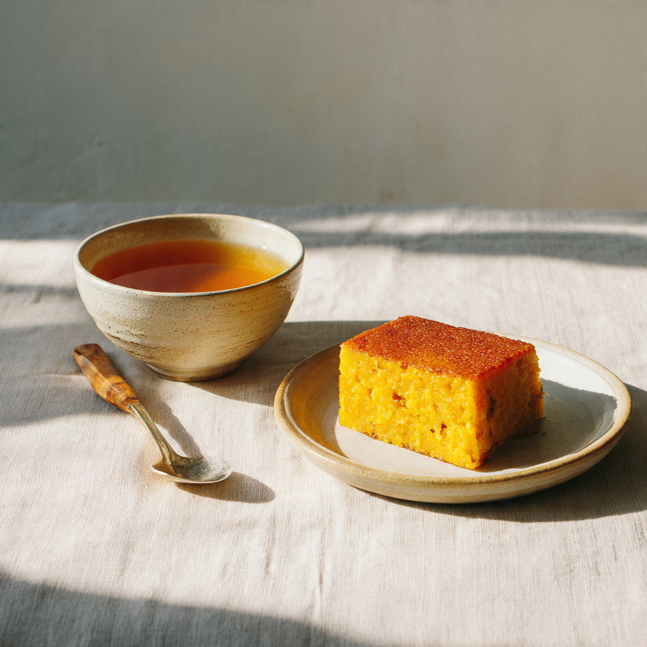 Steamed sweet potato cake served with ginger tea in a simple home setting.