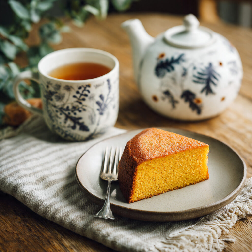 Steamed sweet potato cake served with ginger tea in a simple home setting.