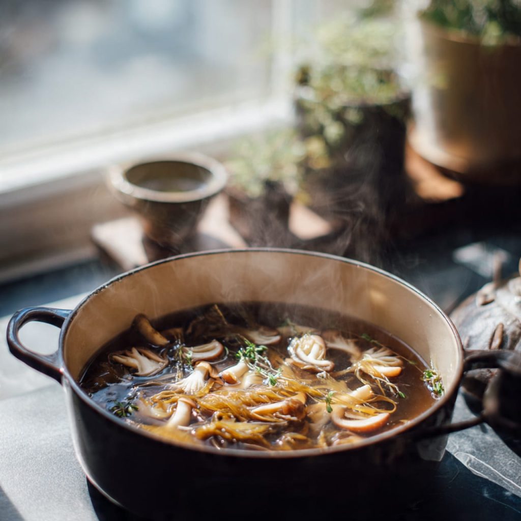 Vegan dashi broth made from kombu and mushrooms for gluten-free miso soup
