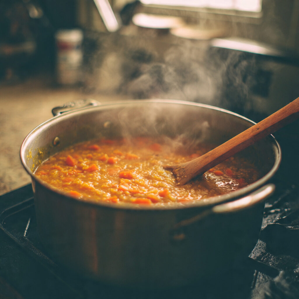 Red lentil and carrot soup gently simmering in a pot during cooking process in a warm kitchen setting