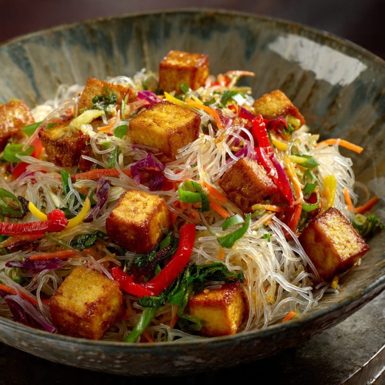 Perfectly stir-fried rice vermicelli with crispy tofu and fresh vegetables, showcasing non-clumping noodles and balanced moisture control