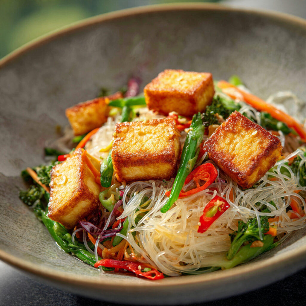 Stir Fried Rice Vermicelli with Tofu and Vegetables Perfectly stir-fried rice vermicelli with crispy tofu and fresh vegetables, showcasing non-clumping noodles and balanced moisture control