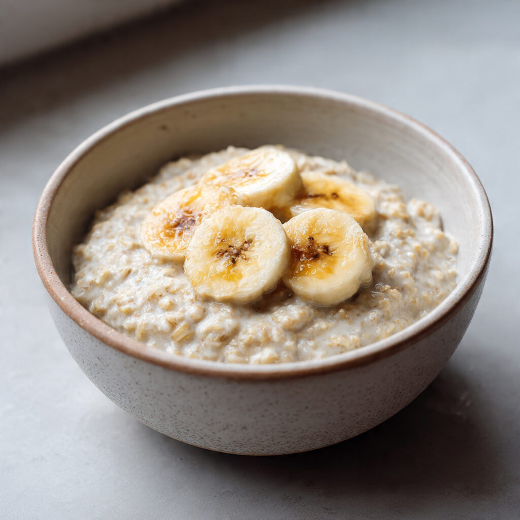 Simple gluten-free almond milk oatmeal for a mindful breakfast.