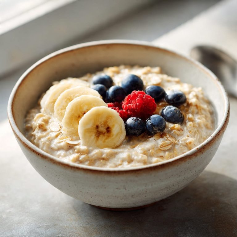 Simple gluten-free almond milk oatmeal for a mindful breakfast.
