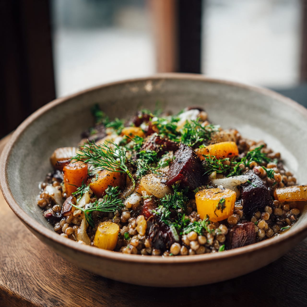 Eastern European buckwheat kasha cooked with root vegetables, porcini mushrooms, and fresh dill