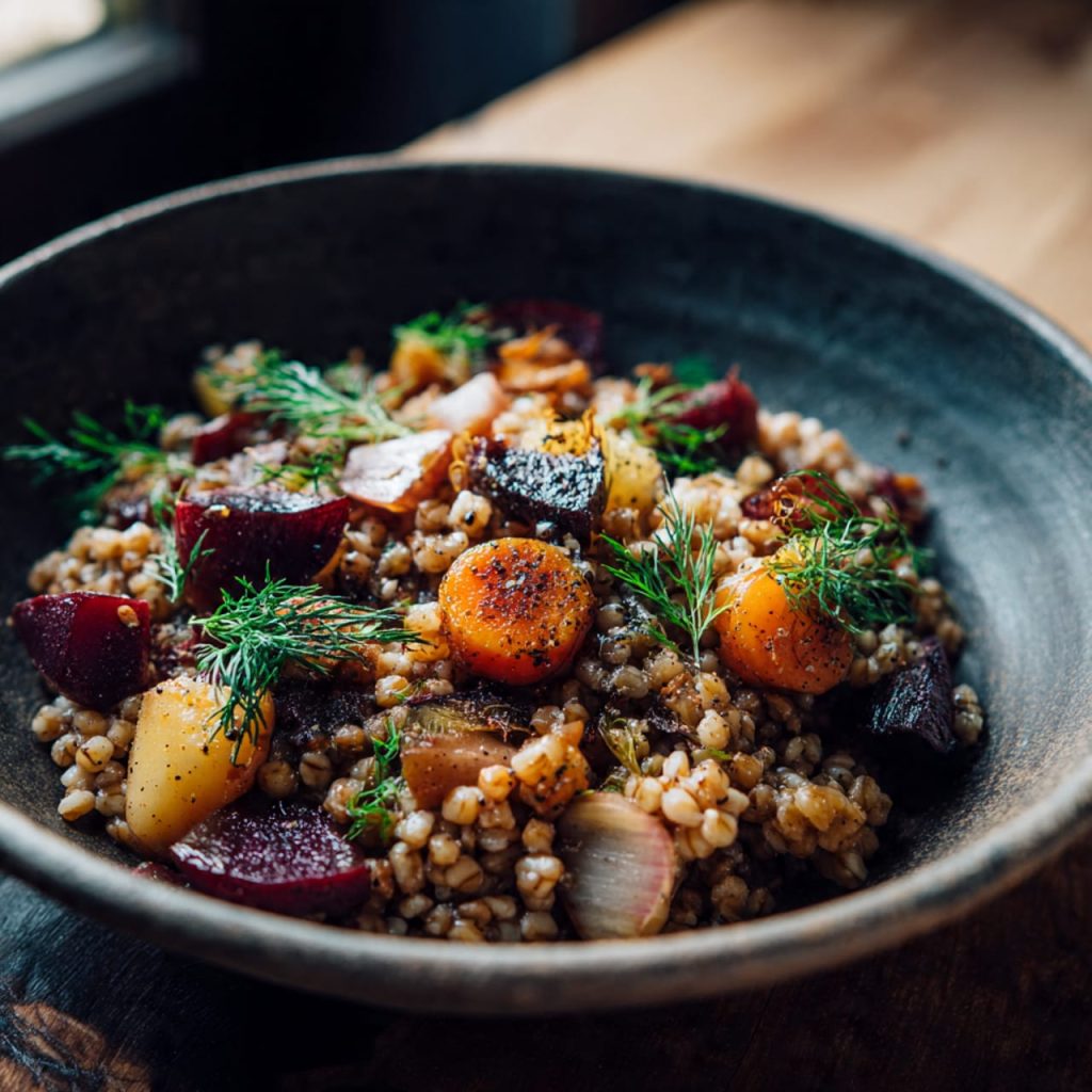 Eastern European buckwheat kasha cooked with root vegetables, porcini mushrooms, and fresh dill
