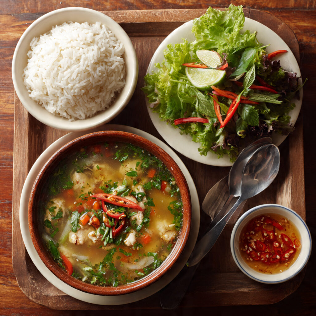 Simple Vietnamese home meal with vegan sour soup and rice