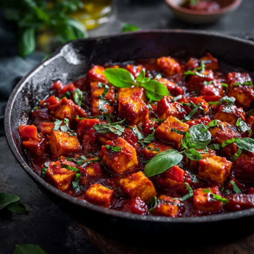 Crispy tofu cooked in tomato basil sauce with olive oil and fresh basil, easy vegan weeknight dinner
