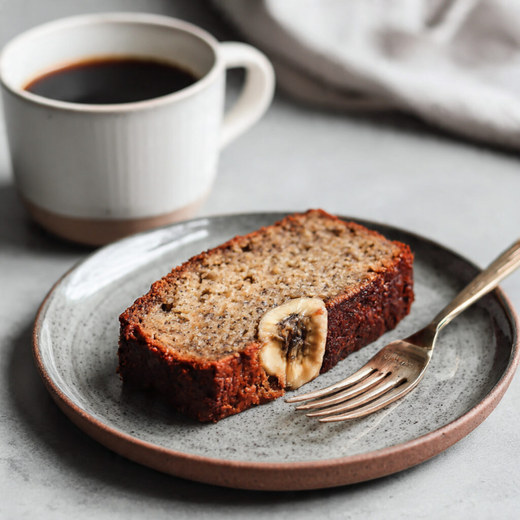 Almond flour banana bread served with black coffee, a clean and refined breakfast choice.
