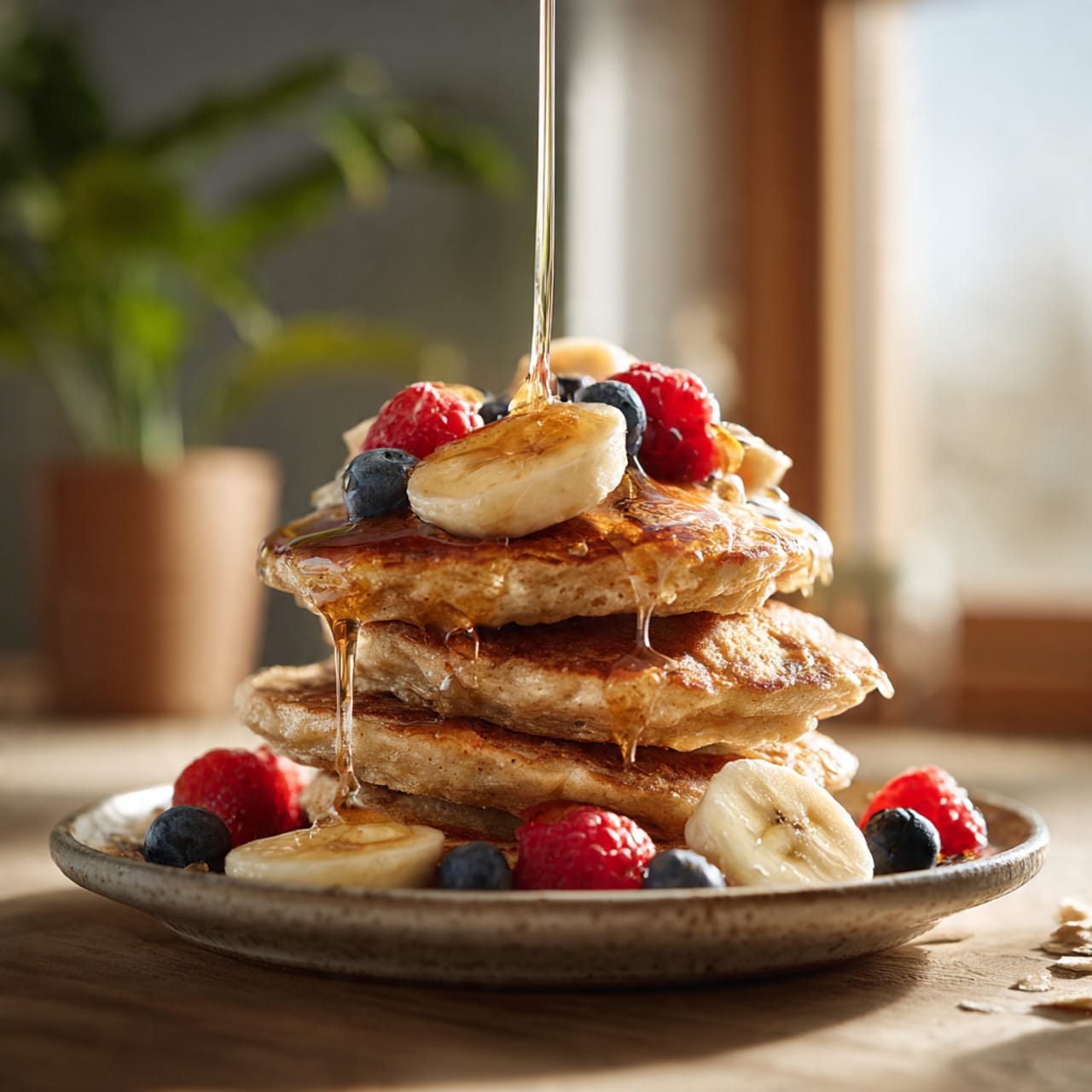 Gluten free banana oatmeal pancakes topped with fresh bananas, berries, and maple syrup in a bright minimalist kitchen
