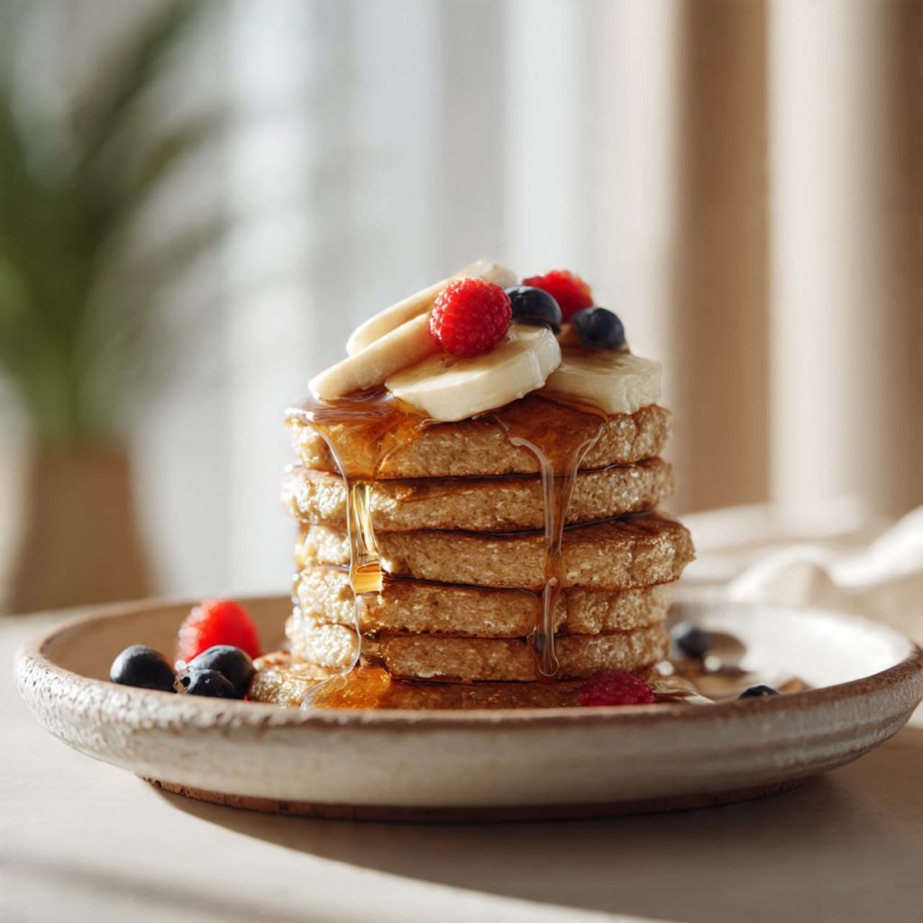 Gluten free banana oatmeal pancakes topped with fresh bananas, berries, and maple syrup in a bright minimalist kitchen