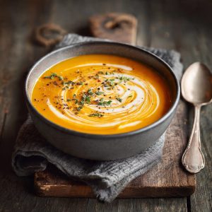 Vegan pumpkin coconut soup with coconut milk swirl served in a cozy home kitchen setting