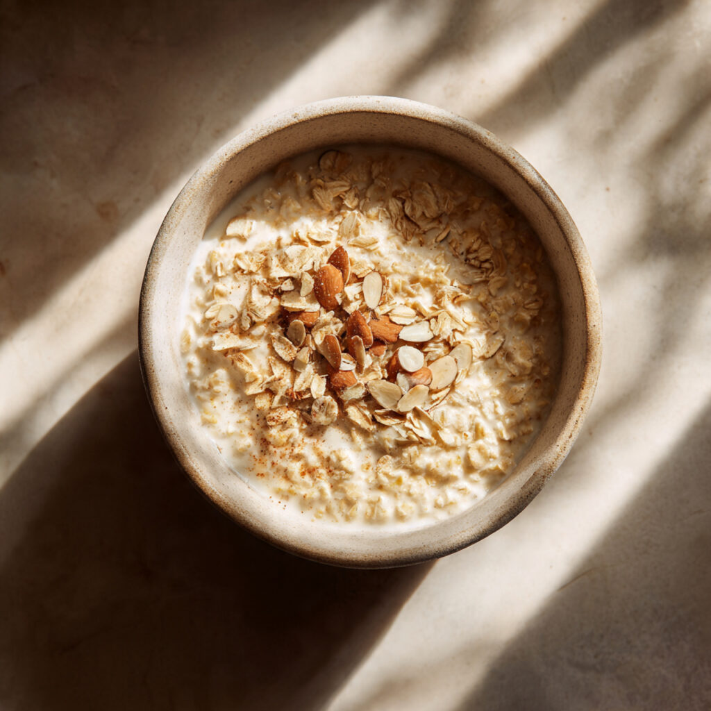 Gluten-free oatmeal prepared with almond milk.