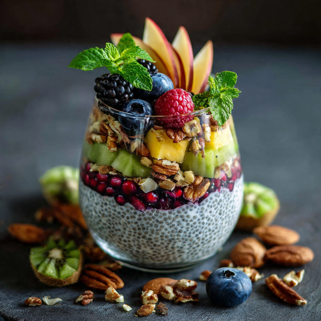 Layered coconut chia pudding with fresh fruit and nuts, healthy vegan dessert or breakfast.