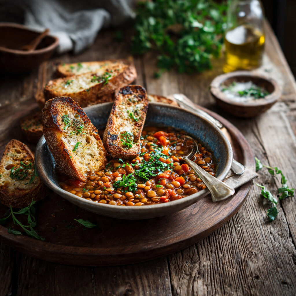 Mediterranean lentil stew in a calm sunlit kitchen setting, symbolizing mindful and healthy plant-based cooking
