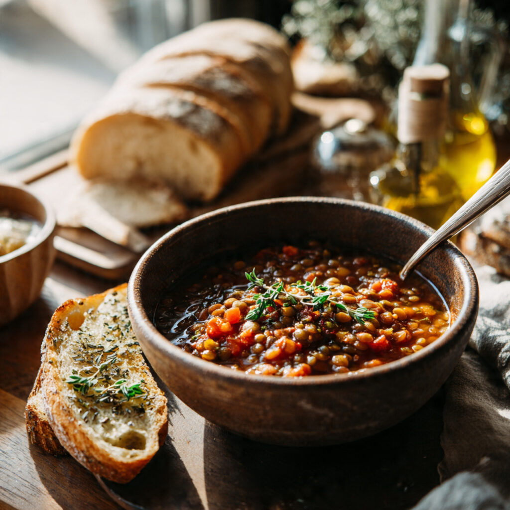 Mediterranean lentil stew served with toasted sourdough bread and olive oil in a warm rustic setting